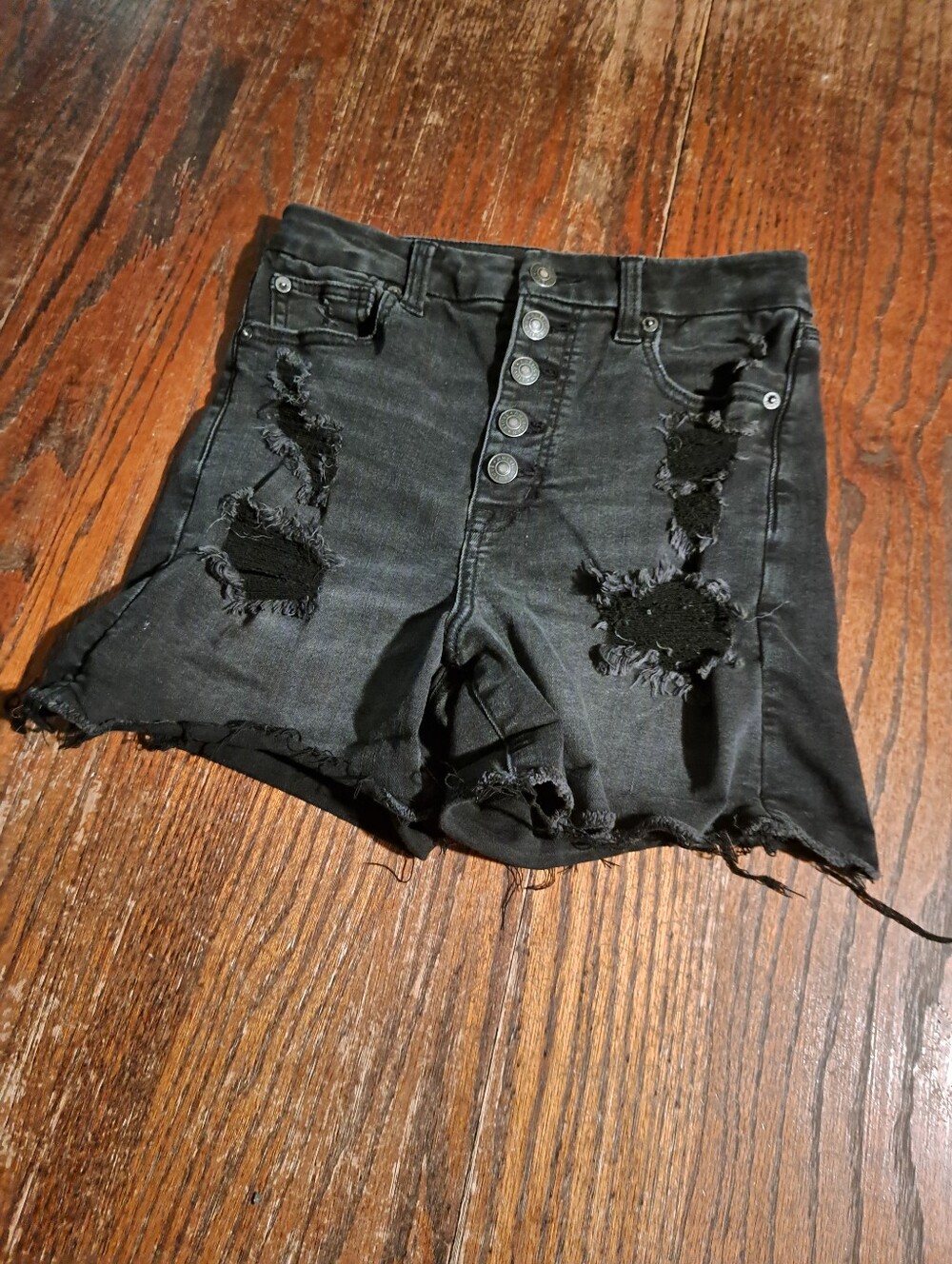 American Eagle Ne(X)t Level Stretch Distressed Black Denim Shorts Size 6 Jean
